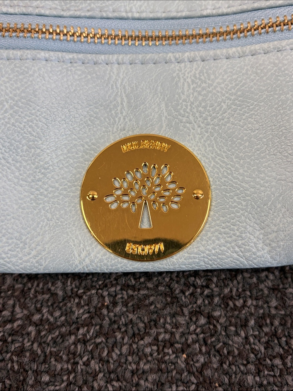 Mulberry Sky Blue Leather Cosmetic Case with Gold Tree Medallion - Picture 2 of 11